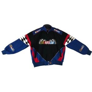 JH Design NASCAR Jacket Men's 2XL XXL Black Blue Red Flag Logo Racing‎ Coat